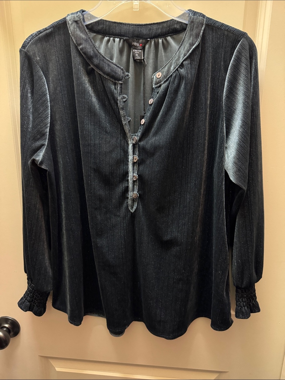 intro. Gray Velvet Henley Long Sleeve Top with Smocked Cuffs